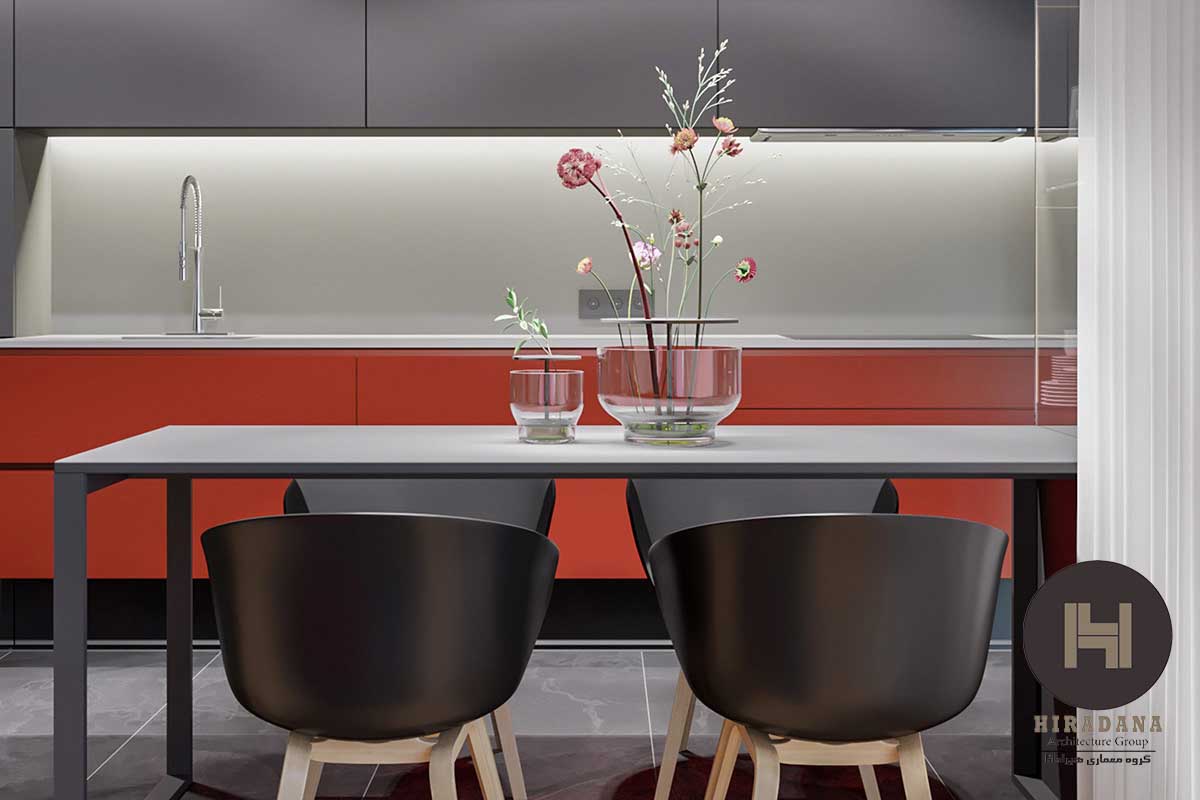 طراحی دکوراسیون داخلی مدرن با رنگ های قرمز و خاکستری